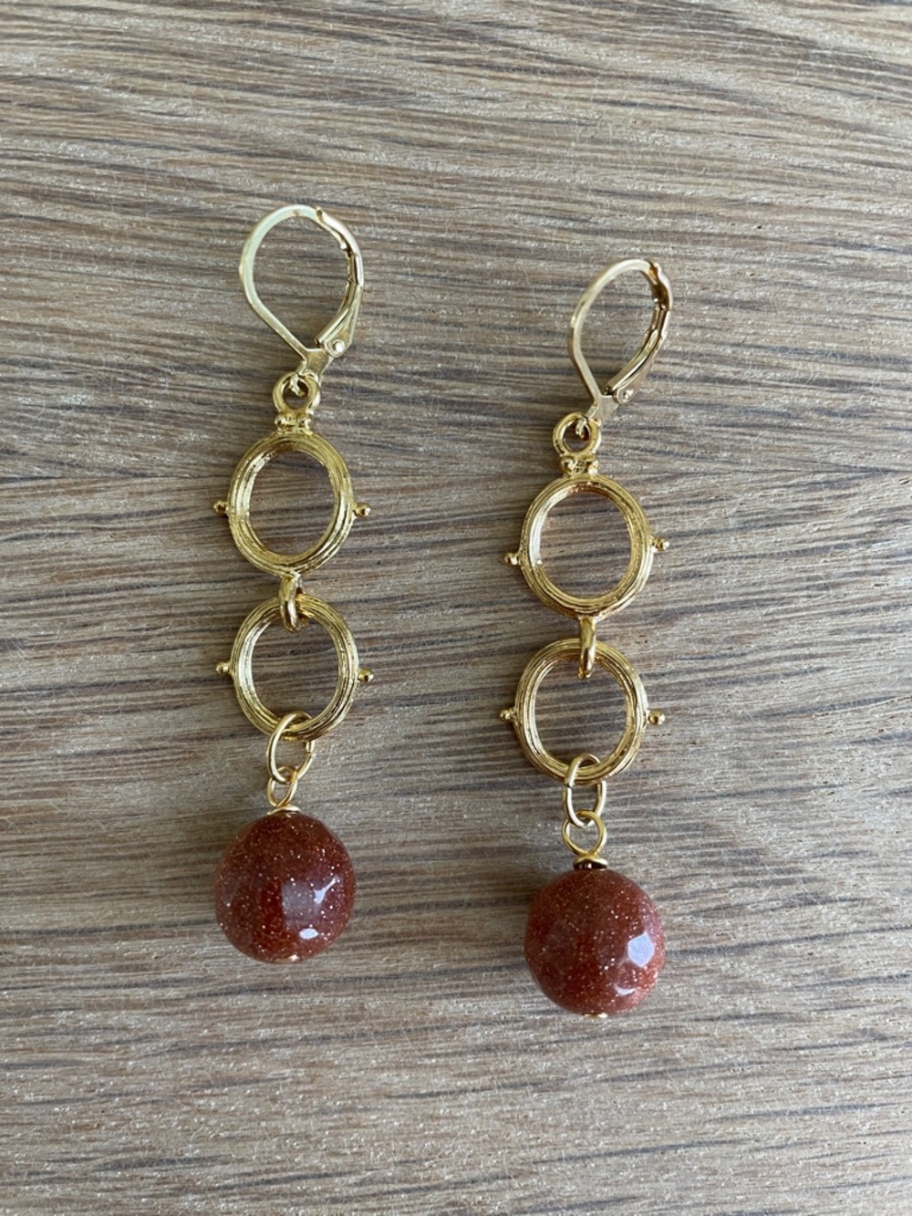 HAND CRAFTED BROWN GOLDSTONE & GEOMETRIC LINK DROP EARRINGS